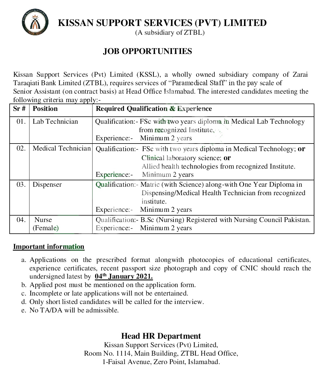 KSSL- ZTBL Lab Technician Jobs 2021 Online Application Form